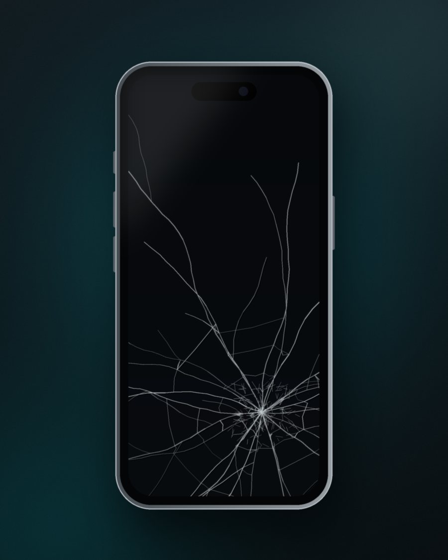 Representación de un iPhone con la pantalla trizada y apagada