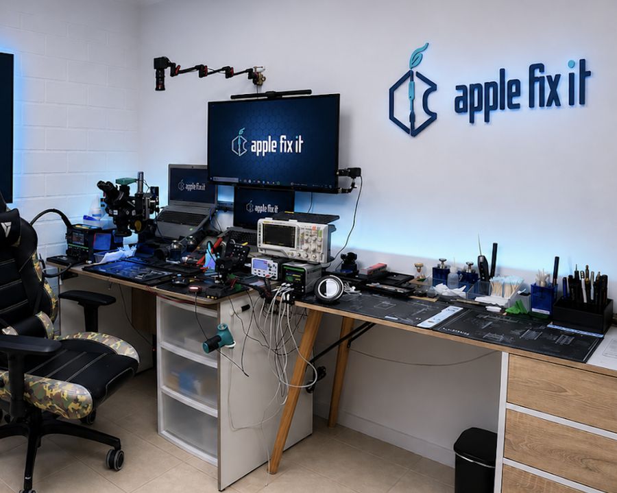 Laboratorio de Apple Fix IT en Talca: mesa de trabajo con microscopio, osciloscopio y pantallas